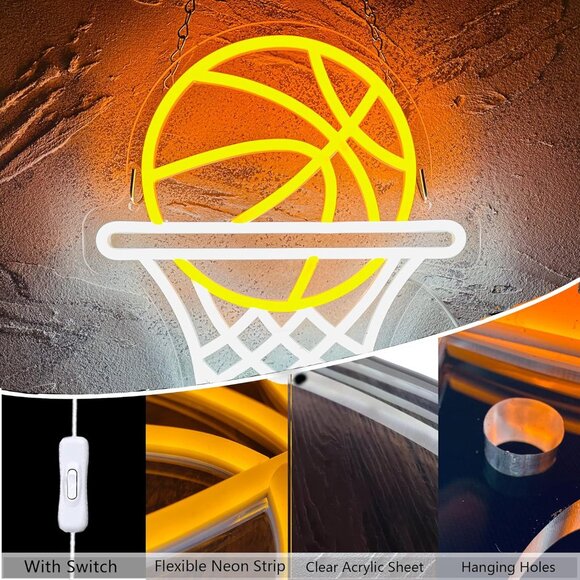 Basketball Yellow Led Neon Signs for Wall Decor USB Powered Bedroom Game Room - Picture 2 of 6